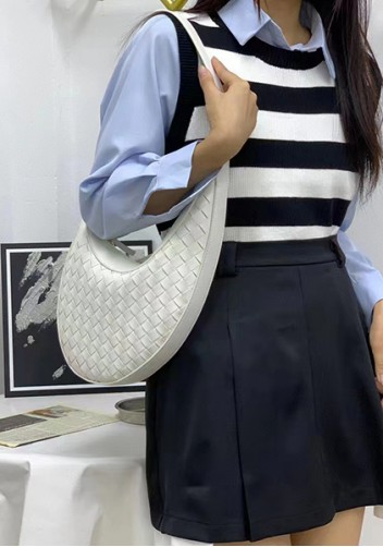 Mia Drop Woven Leather Shoulder Bag White