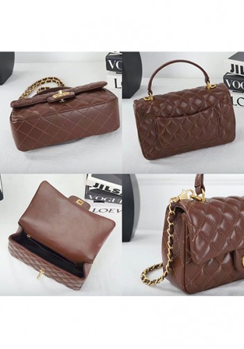 Adele Flap Chain Top Handle Leather Shoulder Bag Brown
