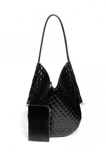 Mia Woven Vegan Leather Slim Shoulder Strap Large Bag Black