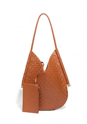 Mia Woven Vegan Leather Slim Shoulder Strap Large Bag Brown