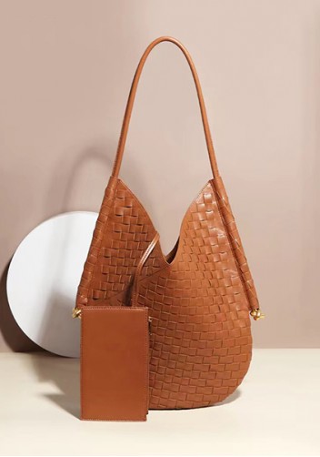Mia Woven Vegan Leather Slim Shoulder Strap Large Bag Brown