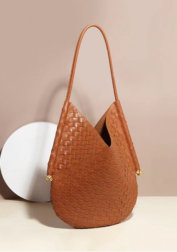 Mia Woven Vegan Leather Slim Shoulder Strap Large Bag Brown