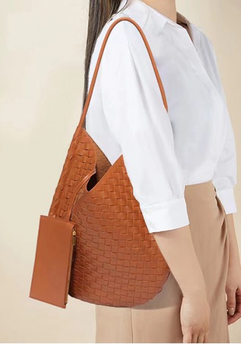 Mia Woven Vegan Leather Slim Shoulder Strap Large Bag Brown