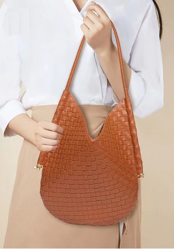 Mia Woven Vegan Leather Slim Shoulder Strap Large Bag Brown