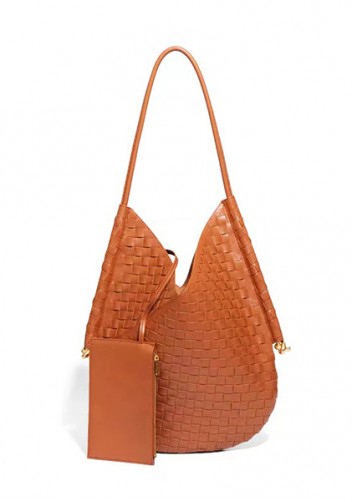 Mia Woven Vegan Leather Slim Shoulder Strap Large Bag Brown