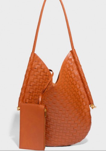 Mia Woven Vegan Leather Slim Shoulder Strap Large Bag Brown
