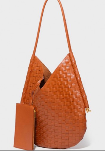 Mia Woven Vegan Leather Slim Shoulder Strap Large Bag Brown