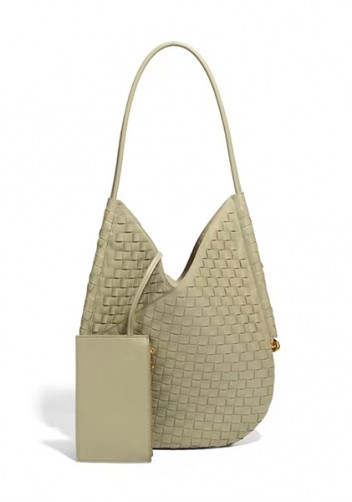Mia Woven Vegan Leather Slim Shoulder Strap Large Bag Green