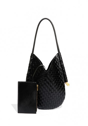 Mia Woven Vegan Leather Slim Shoulder Strap Bag Black