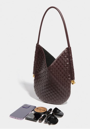 Mia Woven Vegan Leather Slim Shoulder Strap Bag Choco