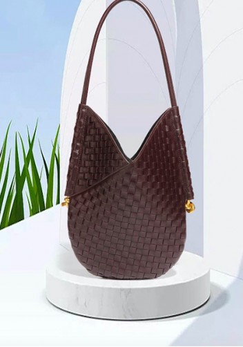 Mia Woven Vegan Leather Slim Shoulder Strap Bag Choco