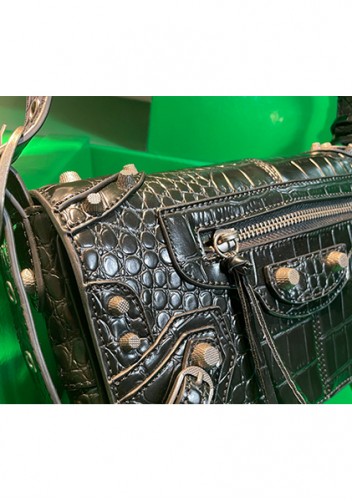 The Route 66 Vegan Croc Leather Horizontal Messenger Bag Black