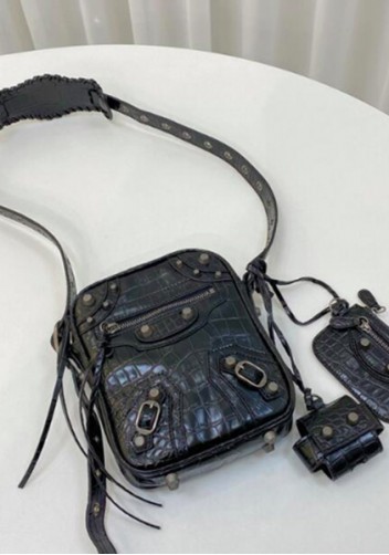 The Route 66 Vegan Croc Leather Vertical Messenger Bag Black