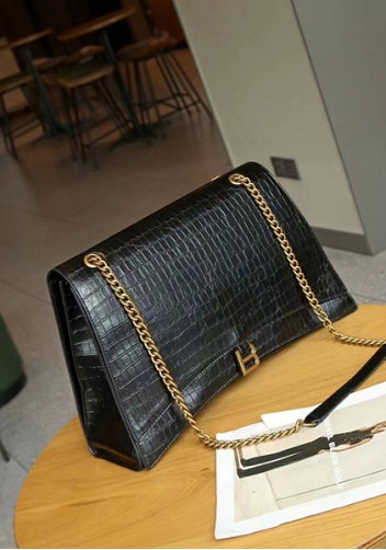 Bonnie Croc Vegan Leather Large Chain Shoulder Bag Black