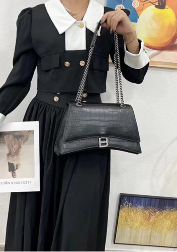 Bonnie Croc Vegan Leather Medium Chain Shoulder Bag Black