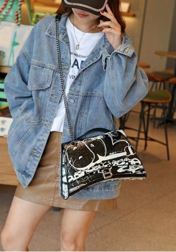 Bonnie Graffiti Vegan Leather Medium Chain Shoulder Bag Black