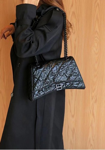 Bonnie Crushed Effect Vegan Leather Medium Chain Shoulder Bag Black