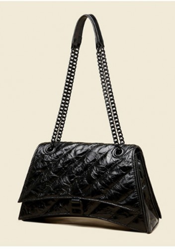 Bonnie Crushed Effect Vegan Leather Medium Chain Shoulder Bag Black
