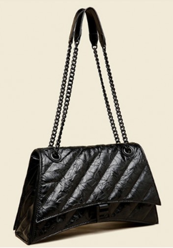 Bonnie Crushed Effect Vegan Leather Medium Chain Shoulder Bag Black