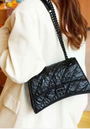 Bonnie Crushed Effect Vegan Leather Medium Chain Shoulder Bag Black