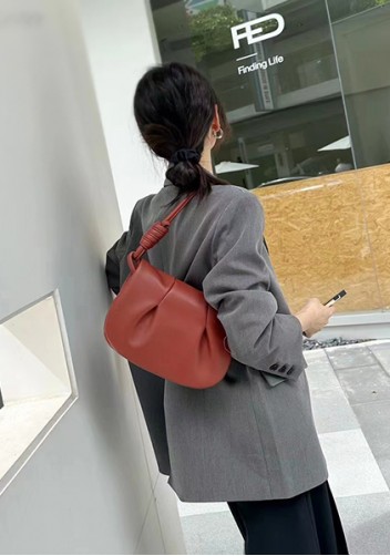Salsa Satchel Pleated Leather Shoulder Bag Burgundy