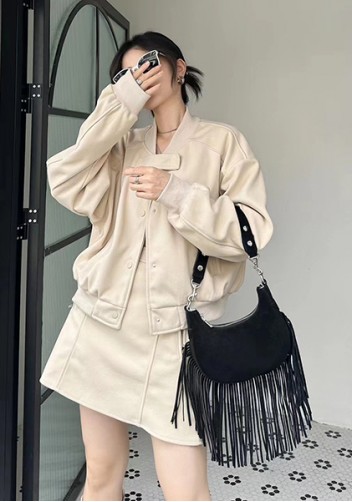 Shimanne Suede Leather Fringe Hobo Shoulder Bag Black