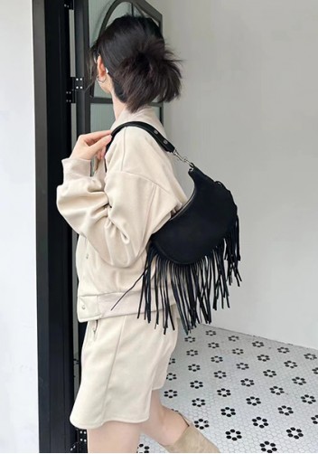 Shimanne Suede Leather Fringe Hobo Shoulder Bag Black