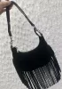 Shimanne Suede Leather Fringe Hobo Shoulder Bag Black