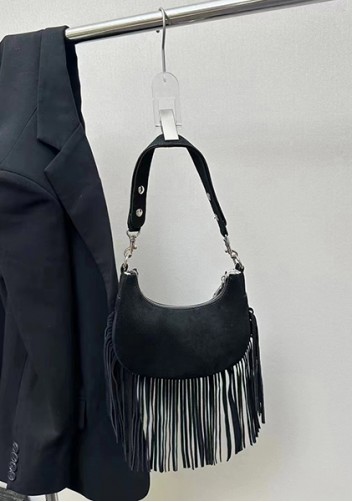 Shimanne Suede Leather Fringe Hobo Shoulder Bag Black