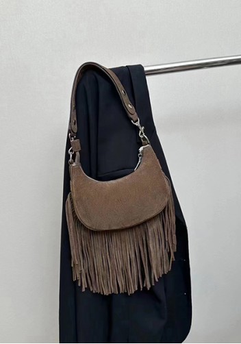 Shimanne Suede Leather Fringe Hobo Shoulder Bag Dark Brown