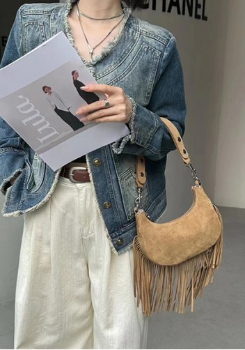 Shimanne Suede Leather Fringe Hobo Shoulder Bag Tan