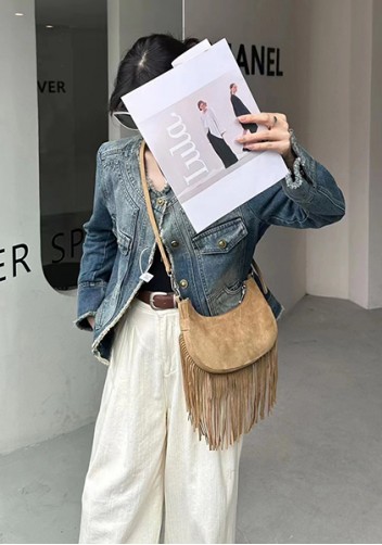 Shimanne Suede Leather Fringe Hobo Shoulder Bag Tan