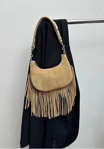 Shimanne Suede Leather Fringe Hobo Shoulder Bag Tan