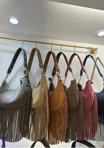 Shimanne Suede Leather Fringe Hobo Shoulder Bag Tan