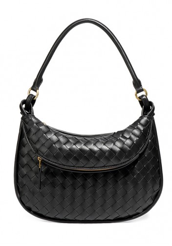 Gemini Woven Vegan Leather Medium Shoulder Bag Black