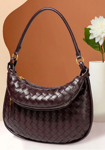Gemini Woven Vegan Leather Medium Shoulder Bag Choco