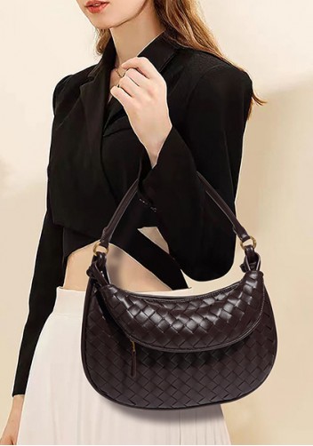 Gemini Woven Vegan Leather Medium Shoulder Bag Choco