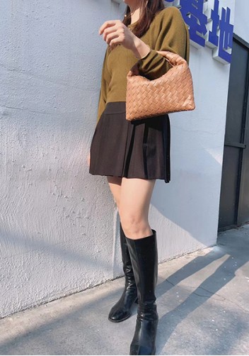 Dina Mini Intrecciato Leather Tote Camel
