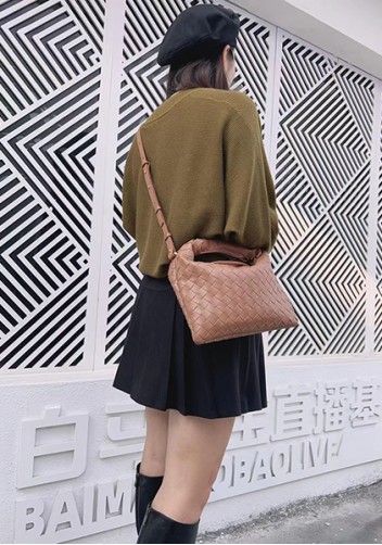 Dina Mini Intrecciato Leather Tote Camel