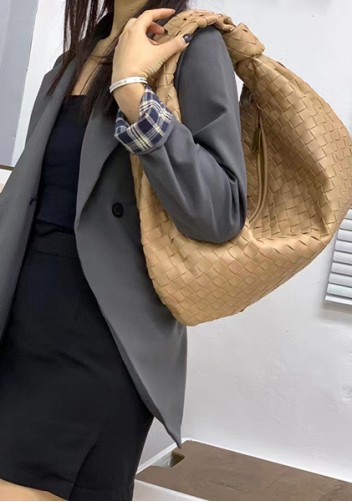 Dina Large Knotted Intrecciato Leather Tote Camel