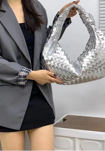 Dina Large Knotted Intrecciato Leather Tote Silver