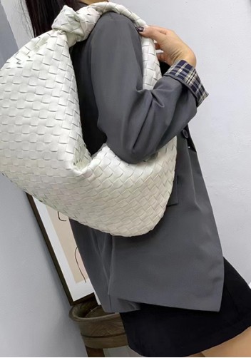 Dina Large Knotted Intrecciato Leather Tote White