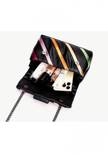 Adele Rainbow Flap Medium Bag Faux Leather Strips Black