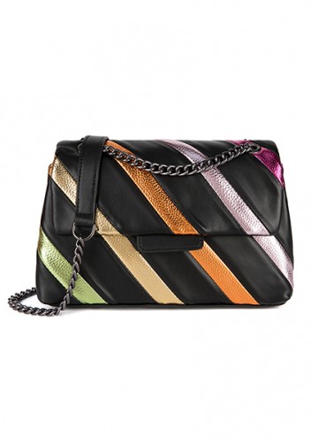 Adele Rainbow Flap Medium Bag Faux Leather Strips Black