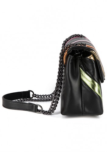 Adele Rainbow Flap Medium Bag Faux Leather Strips Black