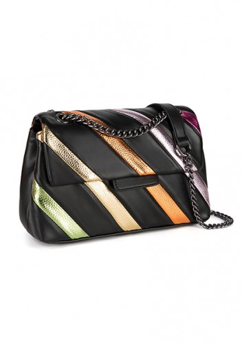 Adele Rainbow Flap Medium Bag Faux Leather Strips Black