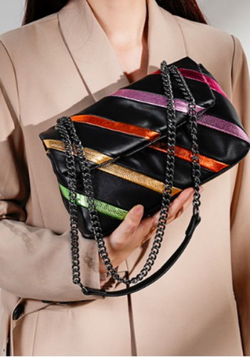 Adele Rainbow Flap Medium Bag Faux Leather Strips Black