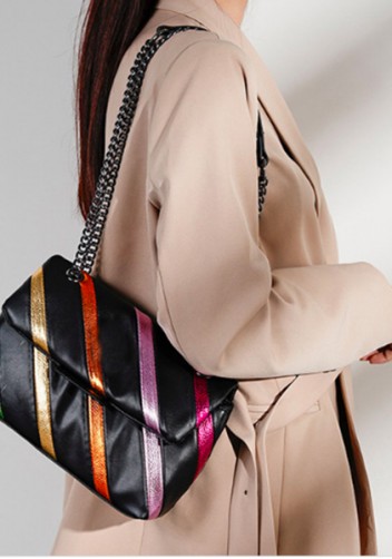 Adele Rainbow Flap Medium Bag Faux Leather Strips Black