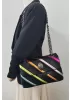 Adele Rainbow Flap Medium Bag Faux Leather Strips Black Eagle