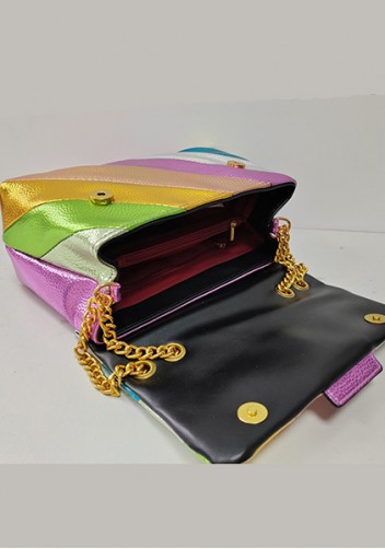 Adele Rainbow Flap Medium Bag Faux Leather Strips Green Eagle